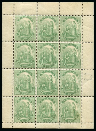 Stamp of St. Kitts-Nevis » Nevis 1871-78 1s Pale Green perf.15 mint sheetlet of 12, showing "crossed lines on hill" variety (pos.9)
