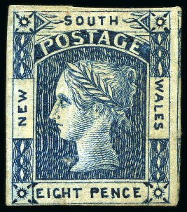 Stamp of Australia » New South Wales 1853 8d Plate proof in blue, from the unfinished state of the plate, faults