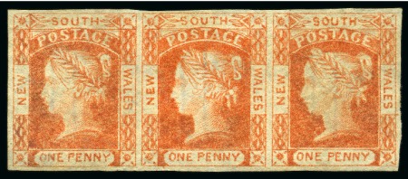 Stamp of Australia » New South Wales 1854 1d Red-Orange on yellowish wove paper, strip of three, unused without gum