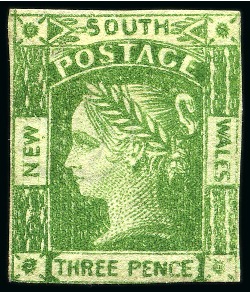 Stamp of Australia » New South Wales 1854 3d Yellow-Green on yellowish wove paper, plate III, unused without gum