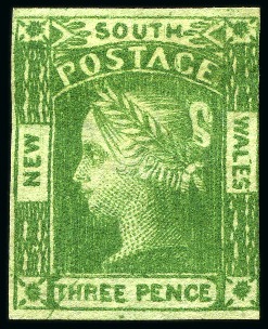 Stamp of Australia » New South Wales 1854 3d Yellow-Green on yellowish wove paper, plate III, unused without gum