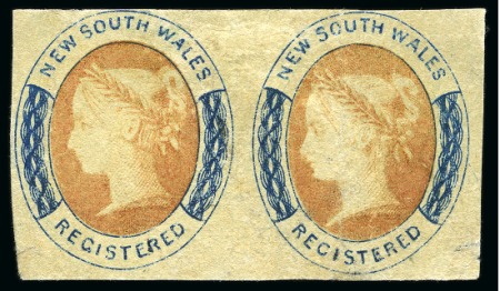 Stamp of Australia » New South Wales 1856 Registered (6d) vermilion and Prussian blue, horizontal pair, unused without gum