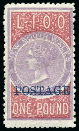 Stamp of Australia » New South Wales 1885-86 Postage in blue on £1 rose-lilac and claret, perf.12x10, unused with part original gum