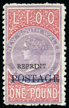 Stamp of Australia » New South Wales 1885-86 Postage in blue on £1 rose-lilac and claret, perf.12x10, "REPRINT" unused with large part original gum