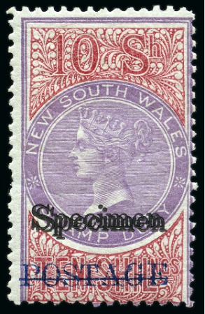 Stamp of Australia » New South Wales 1885-86 Postage in blue on 10s rose-lilac and claret, showing "Specimen" ovpt DOUBLE