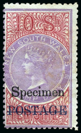 Stamp of Australia » New South Wales 1885-86 Postage in blue on 10s rose-lilac and claret, showing "Specimen" ovpt