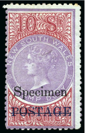 Stamp of Australia » New South Wales 1885-86 Postage in blue on 10s rose-lilac and claret, showing "Specimen" ovpt