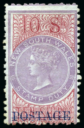 Stamp of Australia » New South Wales 1885-86 Postage in blue on 10s mauve and claret, perf.10, unused with large part original gum