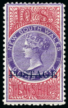 Stamp of Australia » New South Wales 1894-1904 Postage in blue on 10s violet and claret, perf.12 x11, unused with large part original gum