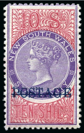Stamp of Australia » New South Wales 1894-1904 Postage in blue on 10s violet and claret, perf.12 x11, unused with large part original gum