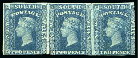 Stamp of Australia » New South Wales 1856-60 2d Ultramarine, unused group with two singles and strip of three, all without gum