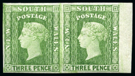 Stamp of Australia » New South Wales 1882-97 3d Yellow-Green imperforate right sheet marginal pair, unused with large part original gum