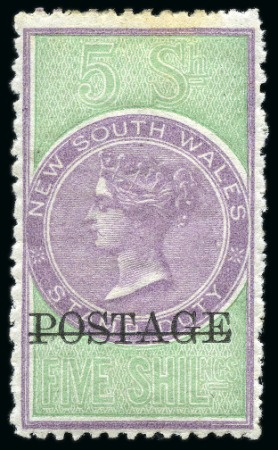 Stamp of Australia » New South Wales 1885-86 Postage in black on 5s green and lilac, perf. 12x10, unused with large part original gum