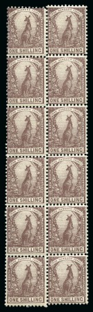 Stamp of Australia » New South Wales 1907 1s Purple-brown, perf. 12 x 11 1/2, vertical block of twelve with misaligned comb perforations