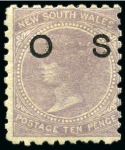 Stamp of Australia » New South Wales 1880 Official 10d lilac, perf.13, normal mint single and single showing ovpt double, one albino