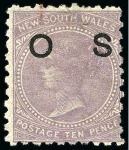 Stamp of Australia » New South Wales 1880 Official 10d lilac, perf.13, normal mint single and single showing ovpt double, one albino