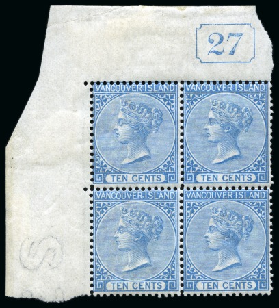 Stamp of Canada » British Columbia and Vancouver 1865 10c Blue mint top left corner control block of four with current number 27