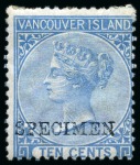 Stamp of Canada » British Columbia and Vancouver 1865 5c Rose and 10c Blue with "SPECIMEN" hs (type D8) in bluish black by De La Rue