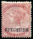 Stamp of Canada » British Columbia and Vancouver 1865 5c Rose and 10c Blue with "SPECIMEN" hs (type D8) in bluish black by De La Rue