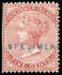 Stamp of Canada » British Columbia and Vancouver 1865 5c Rose (2) and 10c Blue with "SPECIMEN" hs (type D5) by De La Rue
