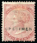 Stamp of Canada » British Columbia and Vancouver 1865 5c Rose (2) and 10c Blue with "SPECIMEN" hs (type D5) by De La Rue