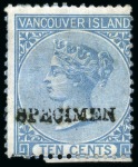 Stamp of Canada » British Columbia and Vancouver 1865 5c Rose and 10c Blue with "SPECIMEN" hs (type D8) in black by De La Rue
