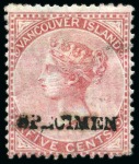 Stamp of Canada » British Columbia and Vancouver 1865 5c Rose and 10c Blue with "SPECIMEN" hs (type D8) in black by De La Rue