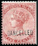 Stamp of Canada » British Columbia and Vancouver 1865 5c Rose and 10c Blue with "CANCELLED" hs (type D7)