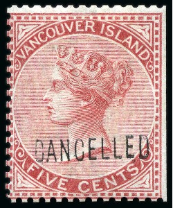 Stamp of Canada » British Columbia and Vancouver 1865 5c Rose and 10c Blue with "CANCELLED" hs (type D7)