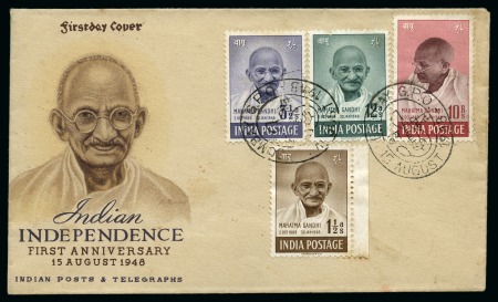 Stamp of India » Dominion 1948 Gandhi 1 1/2a, 3 1/2a, 12a and the 10r purple-brown