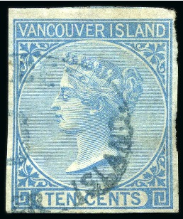 Stamp of Canada » British Columbia and Vancouver 1865 10c Blue imperf. with partial bluish black oval "PAID" cancel