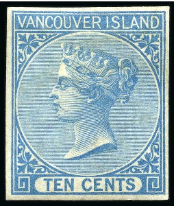 Stamp of Canada » British Columbia and Vancouver 1865 10c Blue imperf. mint part og with fine to good margins