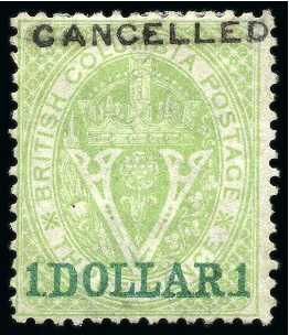 Stamp of Canada » British Columbia and Vancouver 1868-71 $1 on 3d Green perf.14 with "CANCELLED" hs
