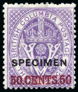 Stamp of Canada » British Columbia and Vancouver 1868-71 50c on 3d Mauve perf.14 with "SPECIMEN" overprint