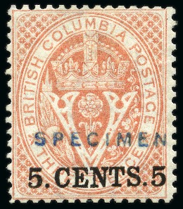 Stamp of Canada » British Columbia and Vancouver 1868-71 5c on 3d Pale Red perf.14 with "SPECIMEN" overprint (type D5) in blue