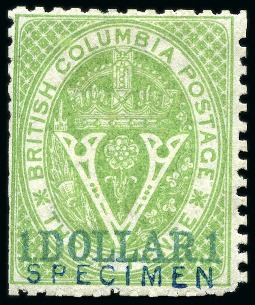 Stamp of Canada » British Columbia and Vancouver 1868-71 $1 on 3d Green perf.12 1/2 with "SPECIMEN" overprint (type D5) in blue