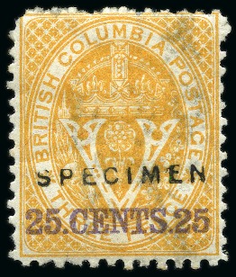 Stamp of Canada » British Columbia and Vancouver 1868-71 25c on 3d Yellow perf.12 1/2 with "SPECIMEN" overprint (type D5) in black