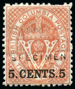 Stamp of Canada » British Columbia and Vancouver 1868-71 5c on 3d Red perf.12 1/2 with "SPECIMEN" overprint (type D5) in black