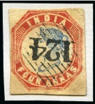 Stamp of India » Used Abroad » Aden 1854-55 4a blue and red, 2nd printing and 4th printing, both with close to good margins, used showing '124' diamond of bars (*)