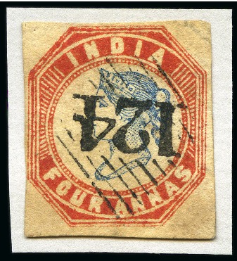 Stamp of India » Used Abroad » Aden 1854-55 4a blue and red, 2nd printing and 4th printing, both with close to good margins, used showing '124' diamond of bars (*)