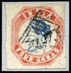 Stamp of India » Used Abroad » Aden 1854-55 4a blue and red, 2nd printing and 4th printing, both with close to good margins, used showing '124' diamond of bars (*)