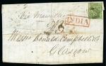 Stamp of India » Used Abroad » Burma 1854 2a green, on folded part cover from Moulmein (*)