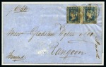 Stamp of India » Used Abroad » Burma 1854-55 1/2a blue, die III, pair tied 'B/12' on folded cover from Bassein to Rangoon, plus 1854-55 1a red, die I, tied 'B/12' on 1857 on folded cover from Bassein (*)