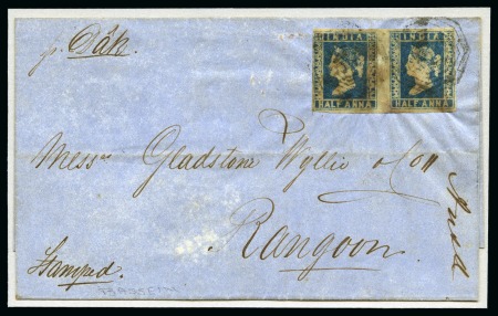 Stamp of India » Used Abroad » Burma 1854-55 1/2a blue, die III, pair tied 'B/12' on folded cover from Bassein to Rangoon, plus 1854-55 1a red, die I, tied 'B/12' on 1857 on folded cover from Bassein (*)