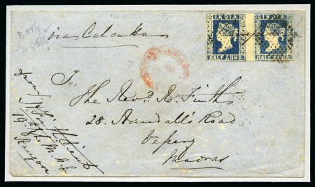 Stamp of India » Used Abroad » Burma 1854-55 1/2a blue, die I, pair on folded cover and 2a green, strip of three on cover, both from Rangoon (*)