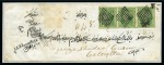 Stamp of India » Used Abroad » Burma 1854-55 1/2a blue, die I, pair on folded cover and 2a green, strip of three on cover, both from Rangoon (*)