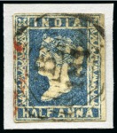 Stamp of India » Used Abroad » Burma 1854-55 1/2a blue, die II, with'B/181' of Toungoo, plus two covers from Toungnoo, one franked 1a red, die II, and one 2a green strip of three (*)