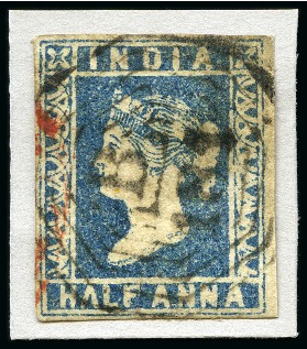 Stamp of India » Used Abroad » Burma 1854-55 1/2a blue, die II, with'B/181' of Toungoo, plus two covers from Toungnoo, one franked 1a red, die II, and one 2a green strip of three (*)