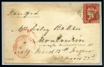 Stamp of India » Used Abroad » Burma 1854-55 1/2a blue, die II, with'B/181' of Toungoo, plus two covers from Toungnoo, one franked 1a red, die II, and one 2a green strip of three (*)