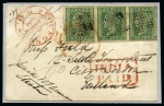 Stamp of India » Used Abroad » Burma 1854-55 1/2a blue, die II, with'B/181' of Toungoo, plus two covers from Toungnoo, one franked 1a red, die II, and one 2a green strip of three (*)